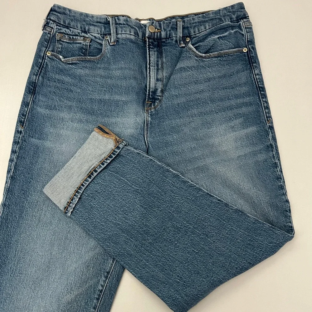 Good American Jeans Women 14 The Weekender Cuffed Blue High Rise Straight Leg